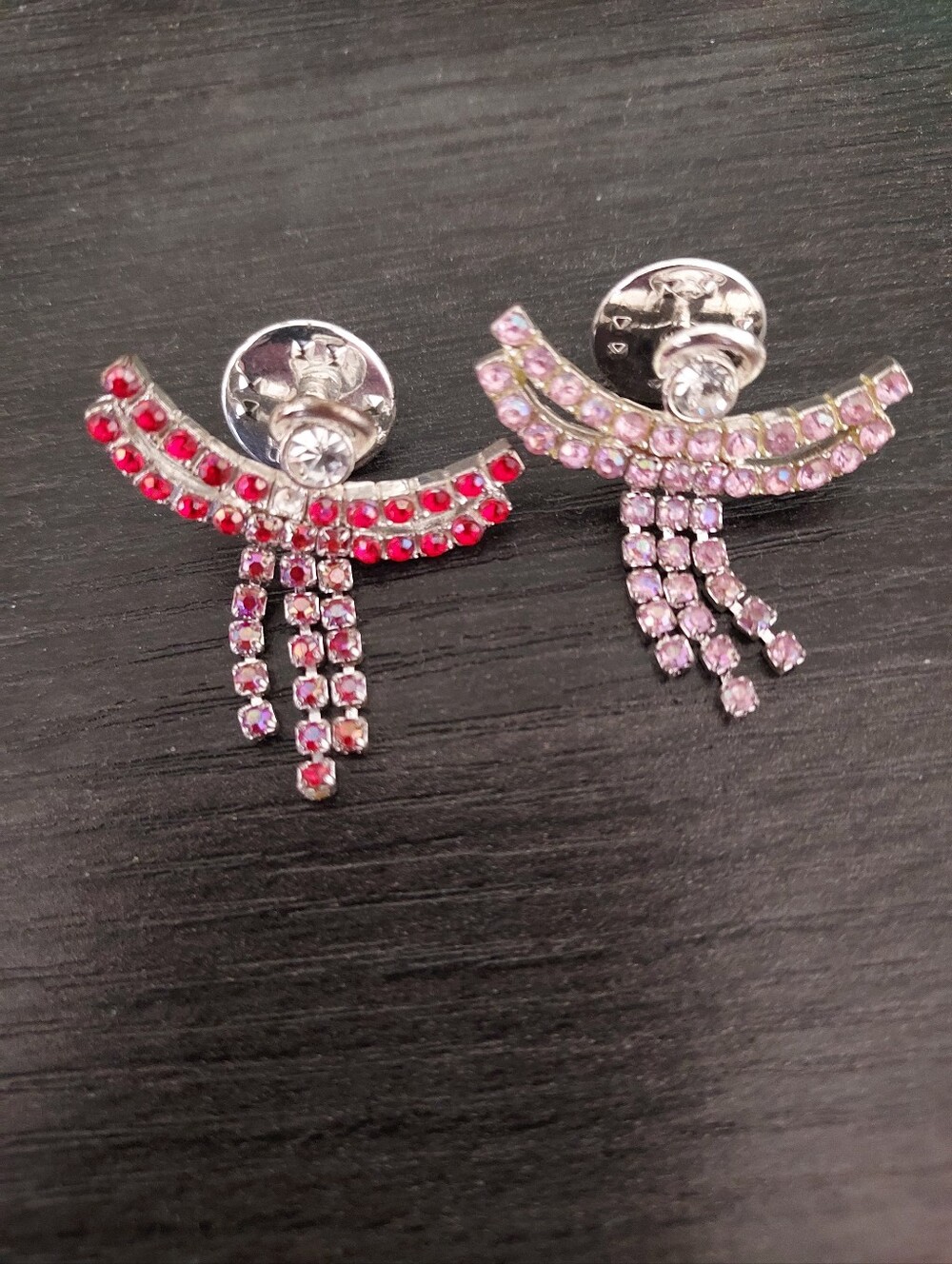Avon Pink and Red Rhinestone Fringe Brooch Pair